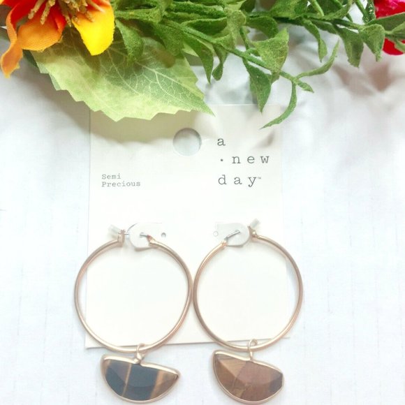 Semi-Precious Stone Lip Shell Tiger Eye Dangle Hoops Earrings Brown NEW - Picture 1 of 3